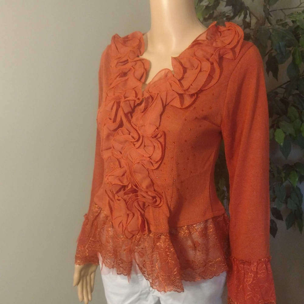 Rust Button Up Ruffles & Lace Top